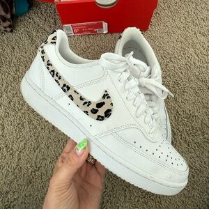Nike Women's White Sneakers with Leopard Print Swoosh